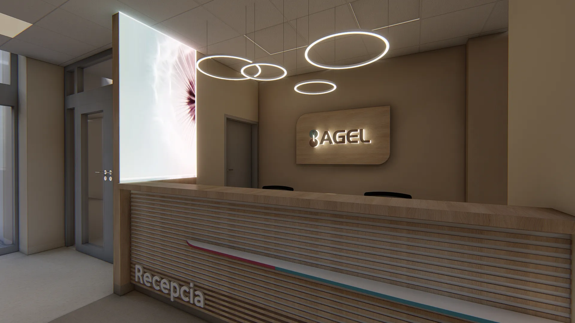 Recepcia AGEL nemocnice Košice-Šaca - interiérový dizajn s prstencovým LED osvetlením