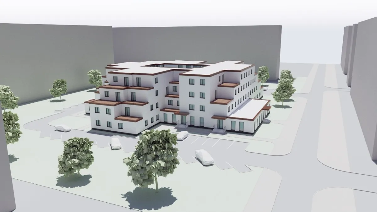 Štúdia moderného bytového domu s terasami a parkoviskom